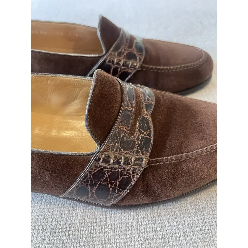 Moreschi Italy Men LoafersSz 8.5EU 9.5US Dark Brown Suede Genuine Crocodile Skin